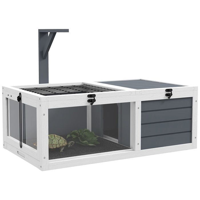 Maison pour tortues terrarium à 2 compartiments couvercle plateaux en plastique fenêtre bois gris