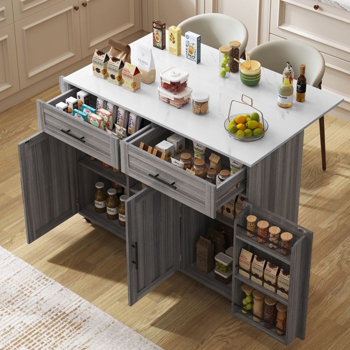 Îlot de Cuisine Mobile Desserte Cuisine avec Plateau Extensible 5 Roues 3 Portes 2 Tiroirs Table à Manger Gris