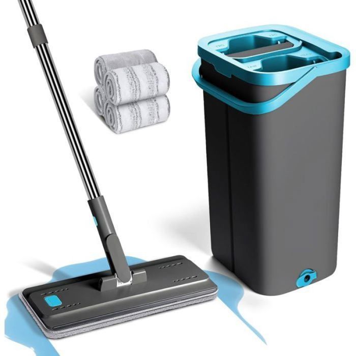 Balai Serpillère Microfibre Plat Professionnel - 4 Tampons Réutilisables et Seau Essoreur - Nettoyage Sols Toutes Surfaces