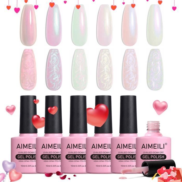 AIMEILI Vernis Semi Permanent Brillant Perle Gel Nail Polish, Nacré avec Fil Shell Glitter Vernis à Ongles Gel 6Couleurs-10ml Kit 43