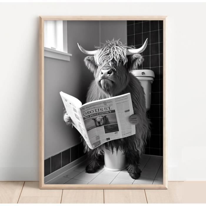 Poster de vache des Highlands sur les toilettes – Art mural amusant pour salle de bain – Décoration d'intérieur – Variété de tailles (vache des Highlands sur toilettes, impression