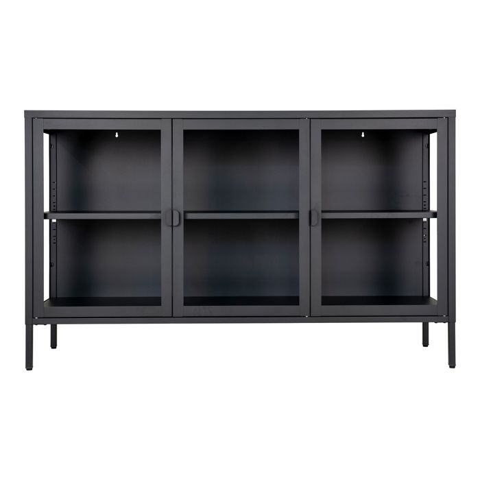 Buffet 3 portes 140x40x85 cm en verre et métal noir