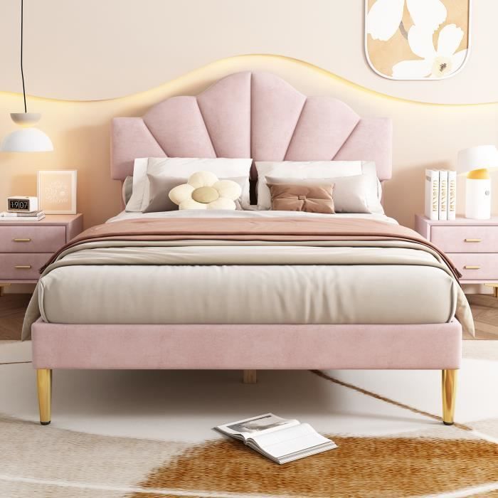 lit capitonné en velours, 140*200 cm, forme coquille avec pieds en fer doré, tête de lit réglable, sommier à lattes en bois, rose