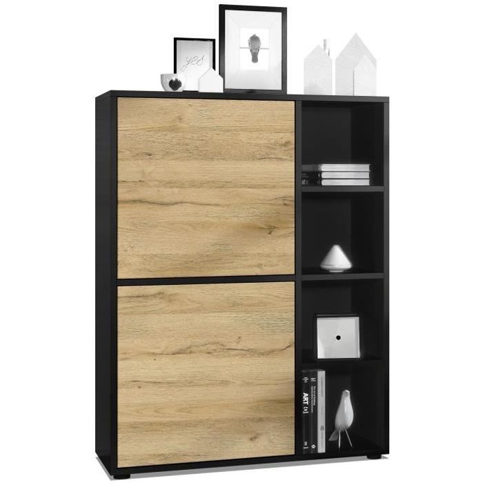 Buffet Bari V1 - 139x72x35 Cm - Corps Noir Mat / Façades Chêne Brut - 4 Tiroirs + 2 Portes Vitrées