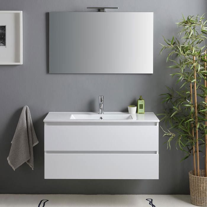 Meuble de salle de bain avec tiroirs 100cm blanc brillant lavabo et miroir avec lampe Benaco Meuble de salle de bain avec tiroirs 100cm blanc brillant lavabo et miroir avec lampe Benaco