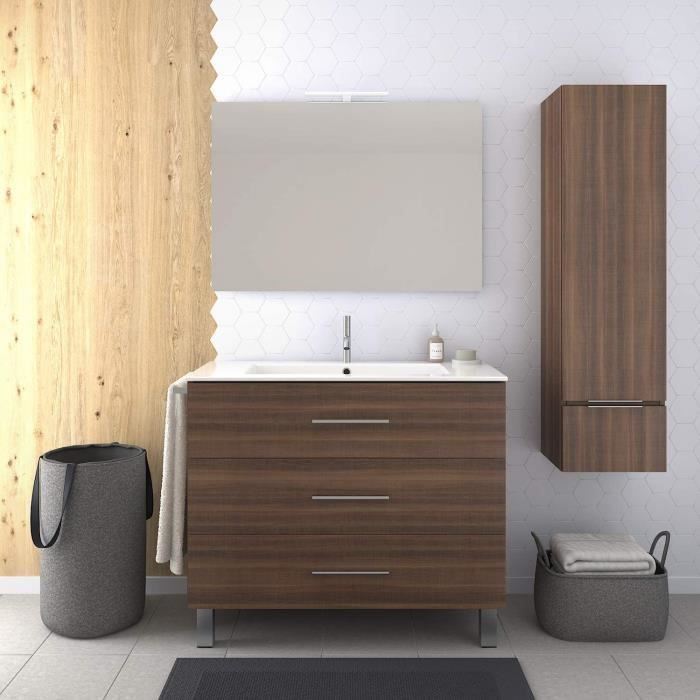 Meuble De Salle De Bain Vali 90cm Frene Tea Avec Plan Vasque Miroir Et Colonne Avec Porte Serviettes En Cadeau Cdiscount Maison