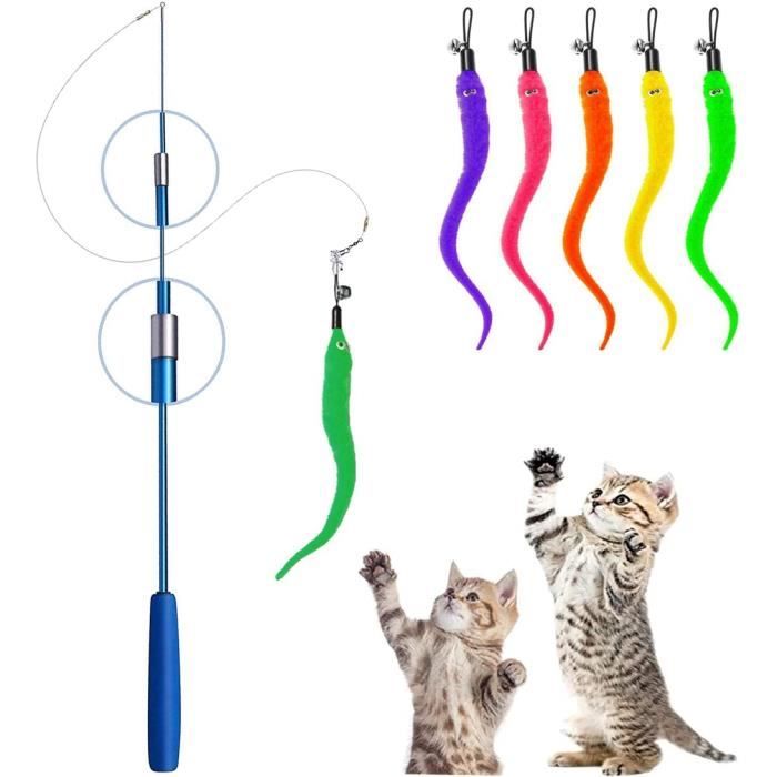 Jouet interactif pour chats - Canne à pêche rétractable - 5 couleurs de vers - Avec cloches - Pour chats moyens