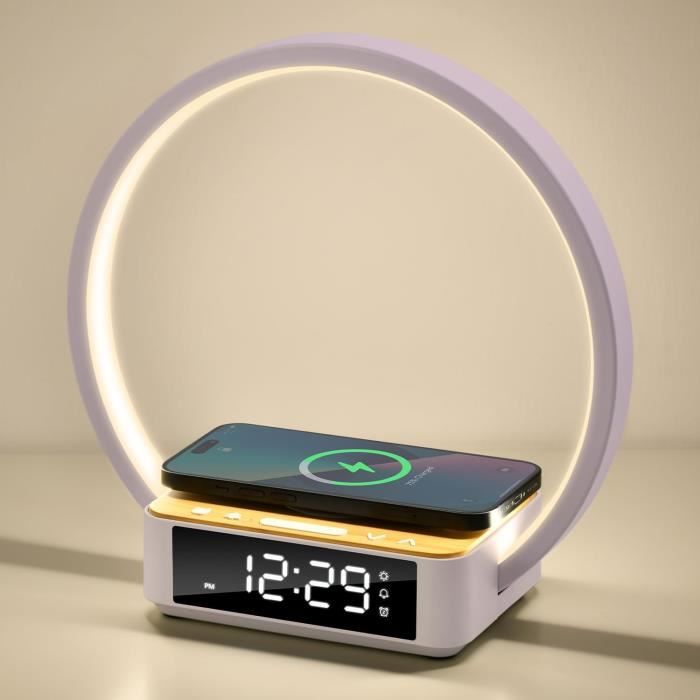 blonbar Lampe de chevet avec réveil lumineux, chargeur sans fil 10 W