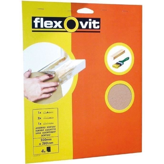 FLEXOVIT - 4 Papiers de verre grain fin sur carte Flexovit