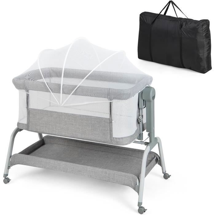 GOPLUS Lit Parapluie avec Inclinaison & 6 Hauteurs Réglables Berceau de Chevet avec Matelas & Moustiquaire 0-6 Mois Bébé Gris