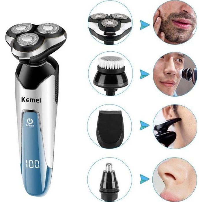 Rasoir Electrique Homme Rasoir 3D 4 en 1 Rechargeable Lavable Sans Fil avec 4 Têtes Rotatives Pour Couper Barbe Cil de Nez Poils