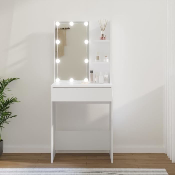 Coiffeuse LED - Omabeta - blanc - bois dingénierie - 60 x 40 x 140 cm - 1 tiroir