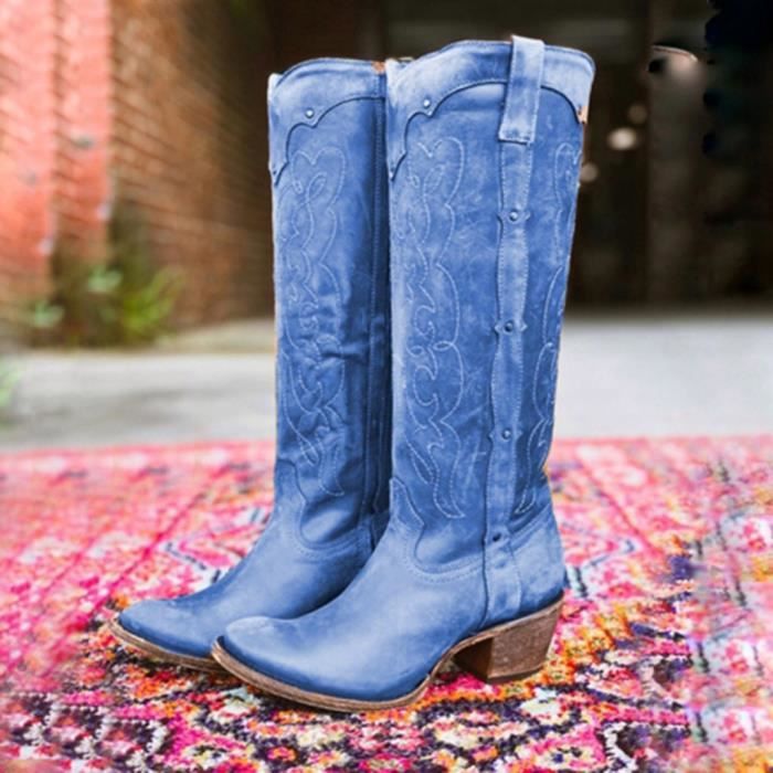 D'Hiver Femme Mi-Mollet Confortable Cowgirl Cowboy Boots Femme Plat Talon Chaussures SZ