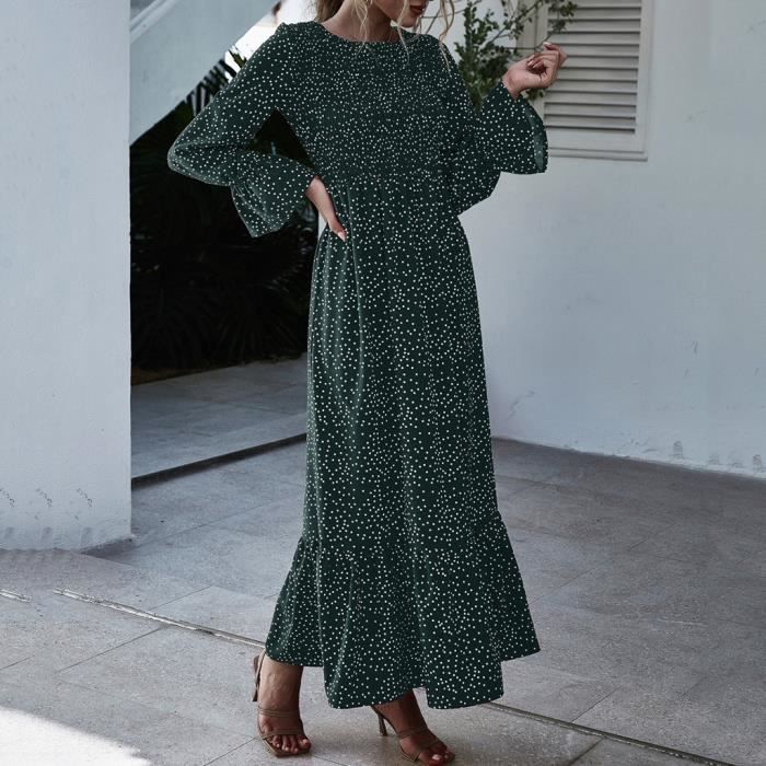 Femmes manches longues ?� pois et imprim?� floral robe Boho soir?�e plage robe d'?�t?� zhufuwme vert 