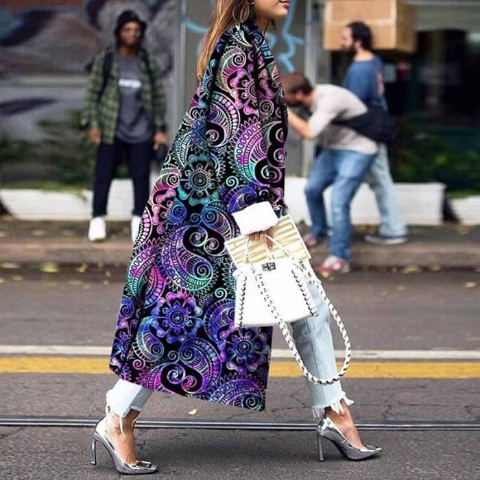 Manteau Automne Vintage colore bloc imprimer femmes Long manteau 2020 mode longue lanterne manches veste grande Type 16 Colorful Blanc Cdiscount Pret a Porter