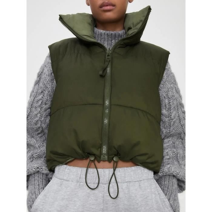 Gilet Automne hiver femmes Chic vert plisse Double usure gilet veste femme mode fermeture eclair sans manches manteau filles Blanc Cdiscount Pret a Porter
