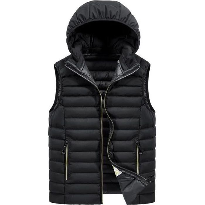 Doudoune Homme Sans Manches Capuche Amovible Veste Zippee Chaude