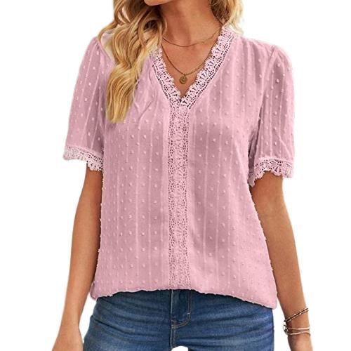 Chemisier Femme Dentelle Col en V Manches Courtes Loisirs D ete Tunique en Jacquard en Dentelle Blouse rose Rose Cdiscount Pret a Porter