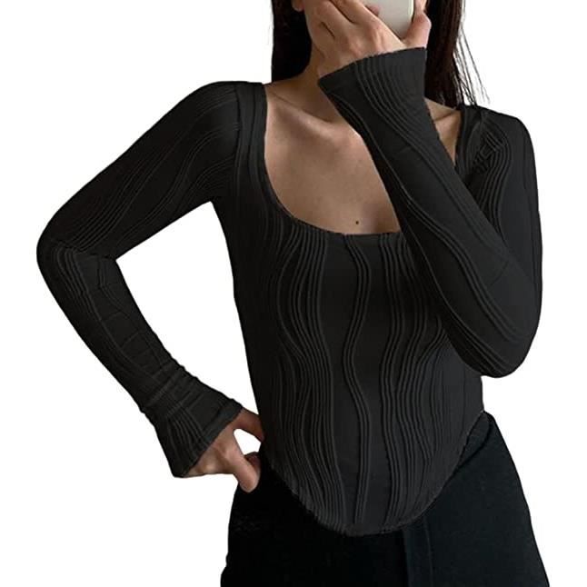 Femme T Shirt Manches Longues Col en U Slim Fit Vintage D t
