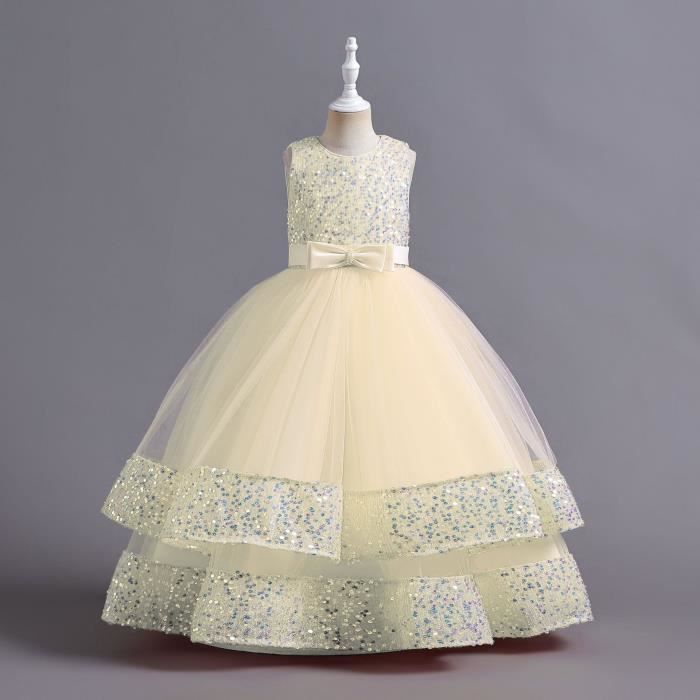 Robe Princesse Fille de Ceremonie Paillettes Sans Manches Robe de Mariage Avec Ceinture Noeud Papillon Champagne