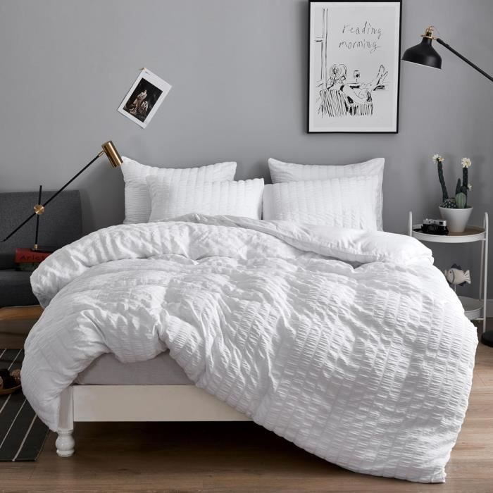 Housse de Couette Seersucker - Marque - Blanc - 200x200 - Parure de lit 2 Personne avec Fermeture Éclair