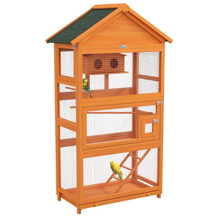 Cage à oiseaux - PawHut - en bois - toit asphalte imperméable - pour perruche calopsitte conure canaris - 92 x 52 x 171 cm orange