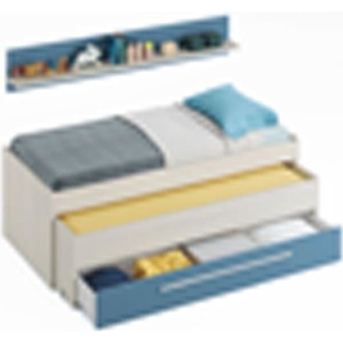 lit double avec un tiroir coloris blanc alpes - bleu en mélamine - dim : 66 x 199 x 96 cm