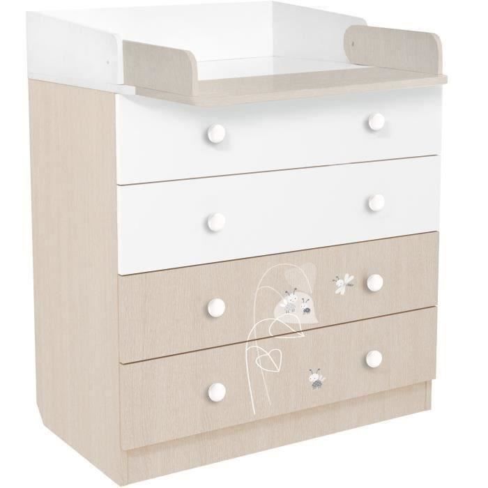 POLINI KIDS AMIS ZEN Commode à langer VOLGA 4 tiroirs avec plan à langer rabattable blanc naturel