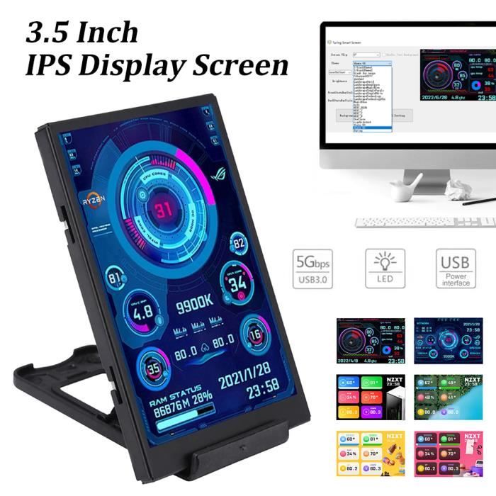 Mini écran IPS USB 3.5in pour Moniteur CPU PC,CPU RAM HDD Affichage de la Température Données Rotation 360 Degrés Type C sous-écran