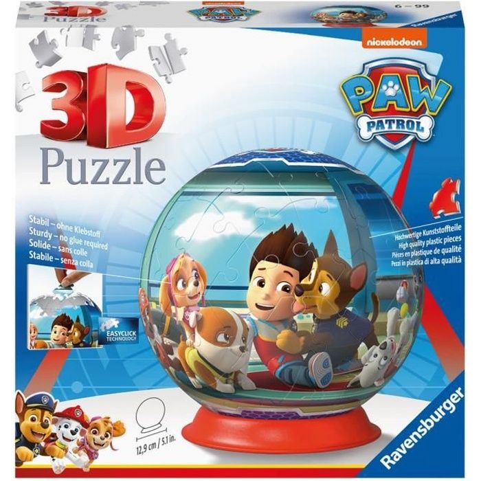 Puzzle 3D Ball Pat'Patrouille - dès 6 ans - 72 pièces numérotées - Support inclus - Diamètre : 13 cm