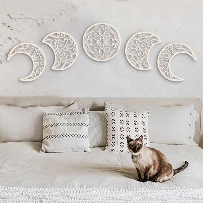 Décor Mural Phases De Lune En Bois - 5 Autocollants Ronds Adhésifs Pour Chambre, Salon, Style Bohème