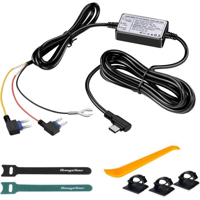 USB C Dash Cam Hardwire Kit, 12V 24V à 5V 2.5A Cordon d'alimentation pou Dash Cam, Caméra de Tableau de Bord Recharge, 3,5 M Hardwire Kit Type C Port