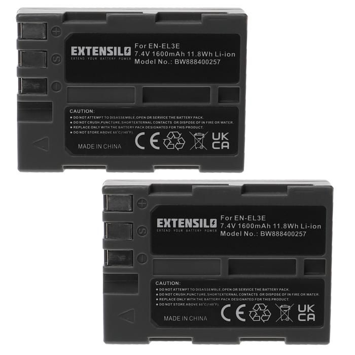 EXTENSILO 2x Batteries compatible avec Nikon D70s, D80, D90, D900, DSLR D700 appareil photo, reflex numérique (1600mAh, 7,4V,