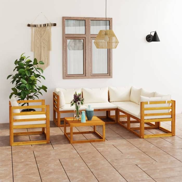 vidaXL Salon de jardin 7pcs Bois d'acacia Crème - vue 2