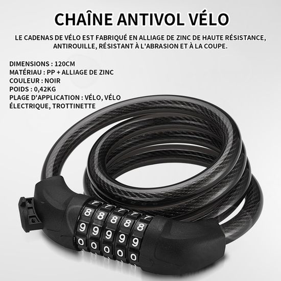 Antivol Vélo Chaîne 120cm - Cadenas à Code 5 Chiffres - Housse Nylon Anti-rayure - Pour Vélo, Moto, Trottinette, Portail
