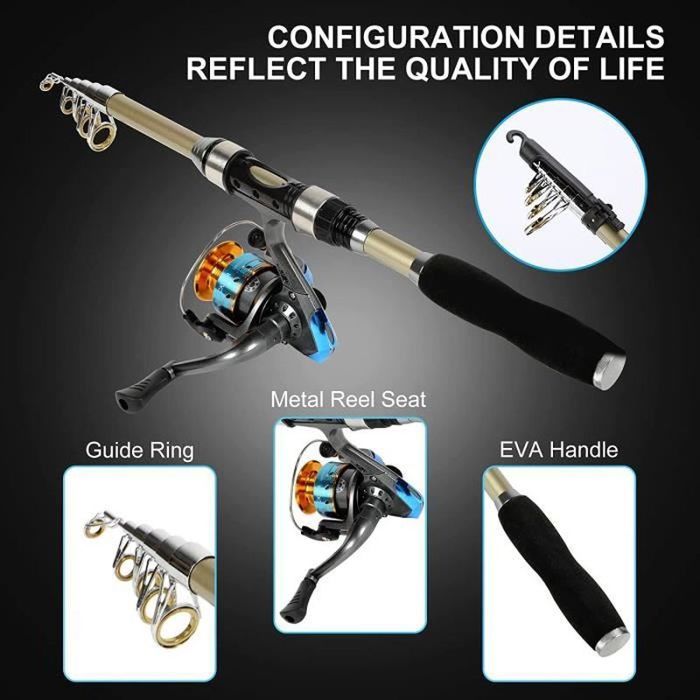 Canne à Pêche Portable Combo – Moulinet Spinning 5.2:1 – Ligne – Eau Douce – Neuf