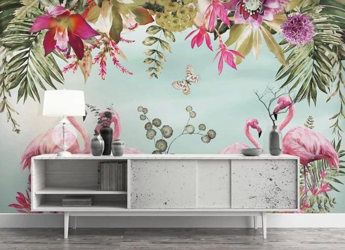 Peinture murale Papillon et Fleurs