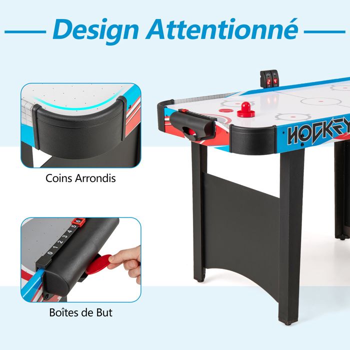Table Air Hockey En Bois Pour Enfants Et Adultes - 122 Cm, Moteur 12V, Tableau LED, 2 Palets Et 2 Curseurs, Jeu Familial - 5