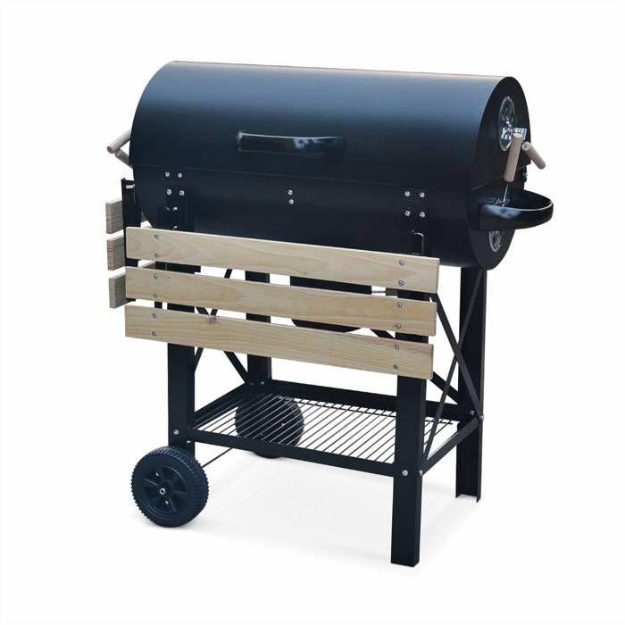 Barbecue grill charbon de bois noir - fumoir avec récupérateur de cendres.  Aérateurs. Bac charbon ajustable et tablettes rabattables