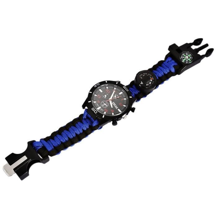 EMAK Outdoor Survival Bracelet Montre avec boussole Flint allume feu Paracord Thermometre Whistle bleu et noir Cdiscount Sport
