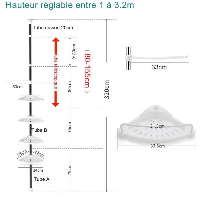 Étagère De Douche Télescopique Sans Perçage - Acier Inoxydable, 4 Paniers + 1 Porte-serviettes - Réglable 95-320 Cm