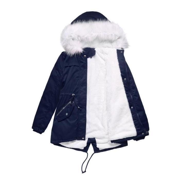 Parka Capuche Fausse Fourrure Femme Hiver Doublé Polaire Veste Mi-longue Chaude Couleur Unie