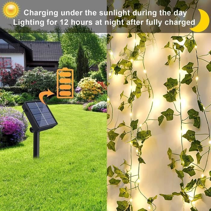 Guirlande Lumineuse Solaire Extérieure 12m 120 LEDs - Lierre Artificiel, 8 Modes, étanche IP65, Pour Jardin, Terrasse, Balcon