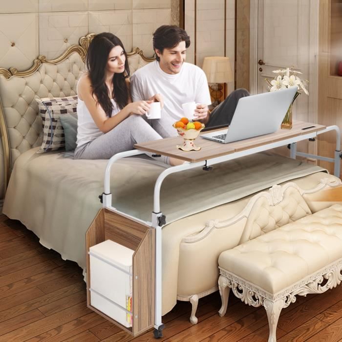 Table de lit avec roulettes Extensible de 140 à 210 cm, Mobile, Chariot  pour Ordinateur Portable