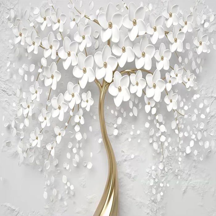 Papier Peint Panoramique 350x256 cm arbre à fleurs blanches en relief ...
