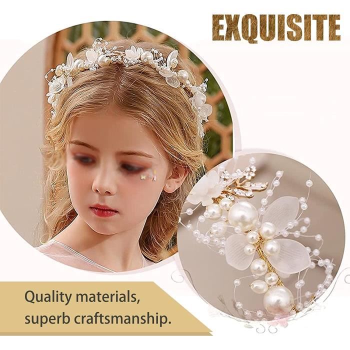 Couronne Fleur Cheveux Enfant Blanc | Serre-tête Mariée Communion - Perles & Cristaux Adjustable