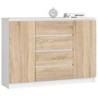 Commode AKORD K140 Blanche 138 cm 2 portes 4 tiroirs façade Chêne Sonoma 4 étagères 138x40x99 cm
