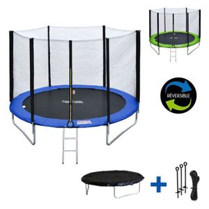 TRAMPOLINE Pack Premium Trampoline Ø245cm bleu et vert avec filet + échelle + bâche + kit d'ancrage