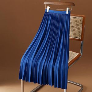 JUPE Jupe longue plissée pour femme,couleur unie,mode coréenne,travail,décontracté,élastique,taille haute,coupe trapèze- Bleu[D22766]