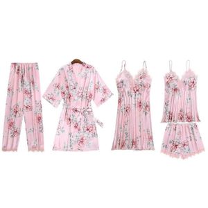Pyjama en soie femme été,Ensemble pyjama en Satin et dentelle pour femmes,  5 pièces, en soie, col en v, vêtements de nuit, pour la A001 - Cdiscount  Prêt-à-Porter